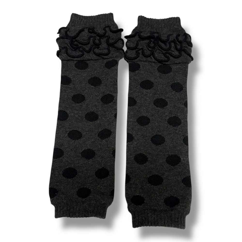 Kids Polka Dot Leg Warmers Charcoal‎ Grey Black Ruffle Trim Knit Toddler Baby